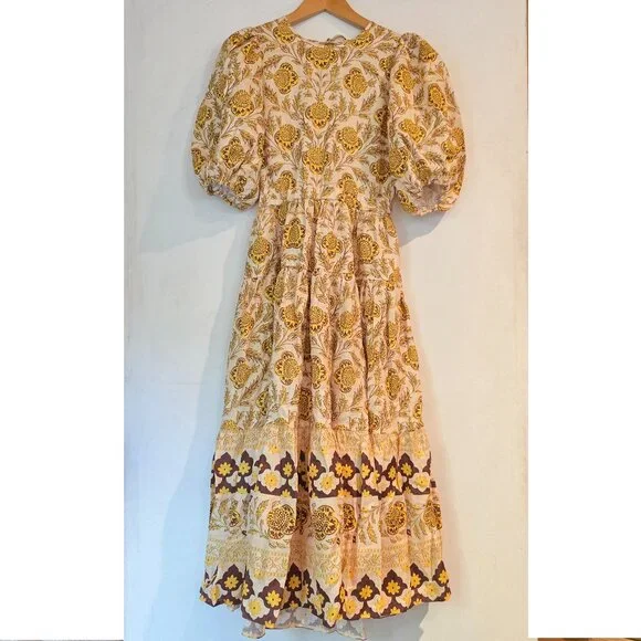 NEW RHODE MARYAM OPEN BACK LINEN DRESS IN GARDEN OF DREAMS GOLDEN MULTI PRT  SZ M